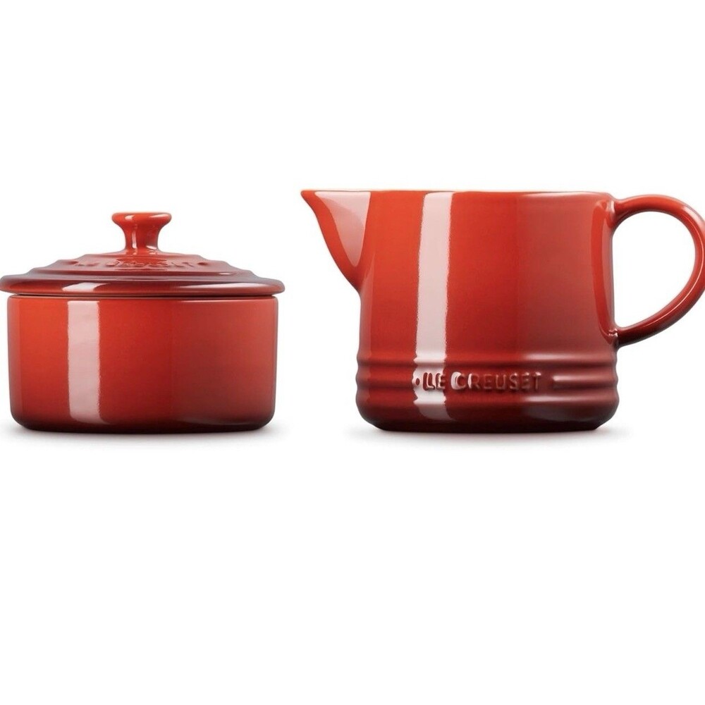 Le Creuset Signature Cream and Sugar Set with Lid Cerise Red Pot Stoneware Set